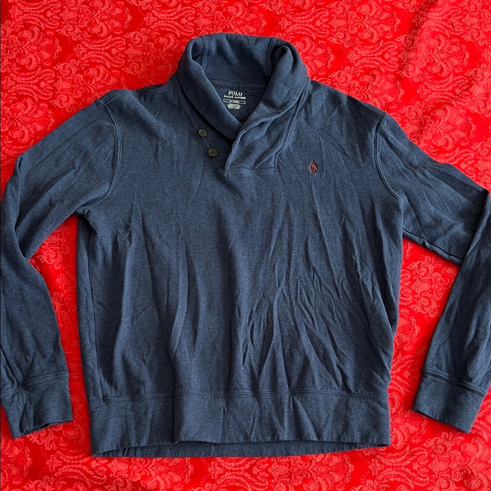 Polo Ralph Lauren Shawl Collar Sweater Mens Medium Navy Cotton Blend Pony Logo